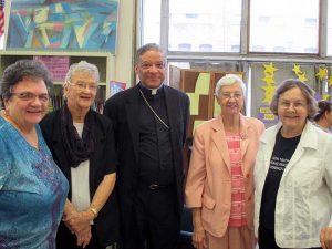 (from left to right) Mary Margaret Mannard, OP, Norine Burns, OP, Bishop Joseph N. Perry, Pat McKee, OP, and Dot Dempsey, OP 